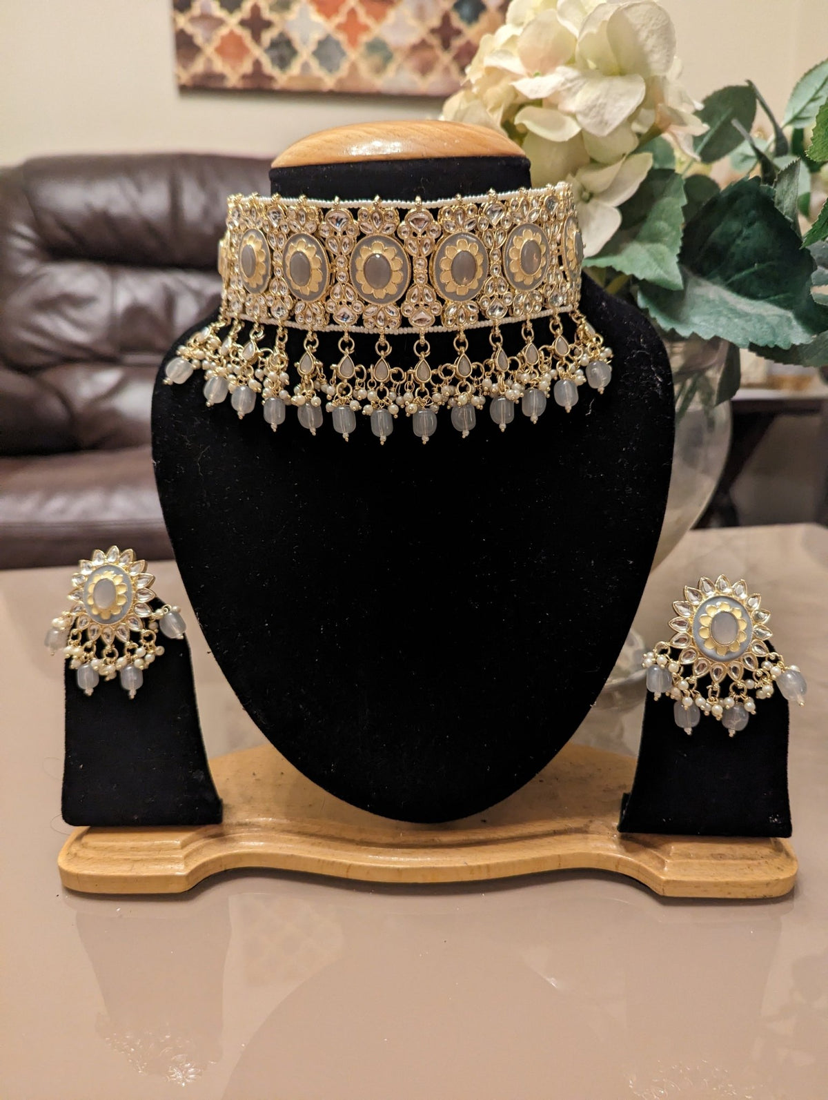 401 grey necklace jewellery set chokkar - KundanByNadia