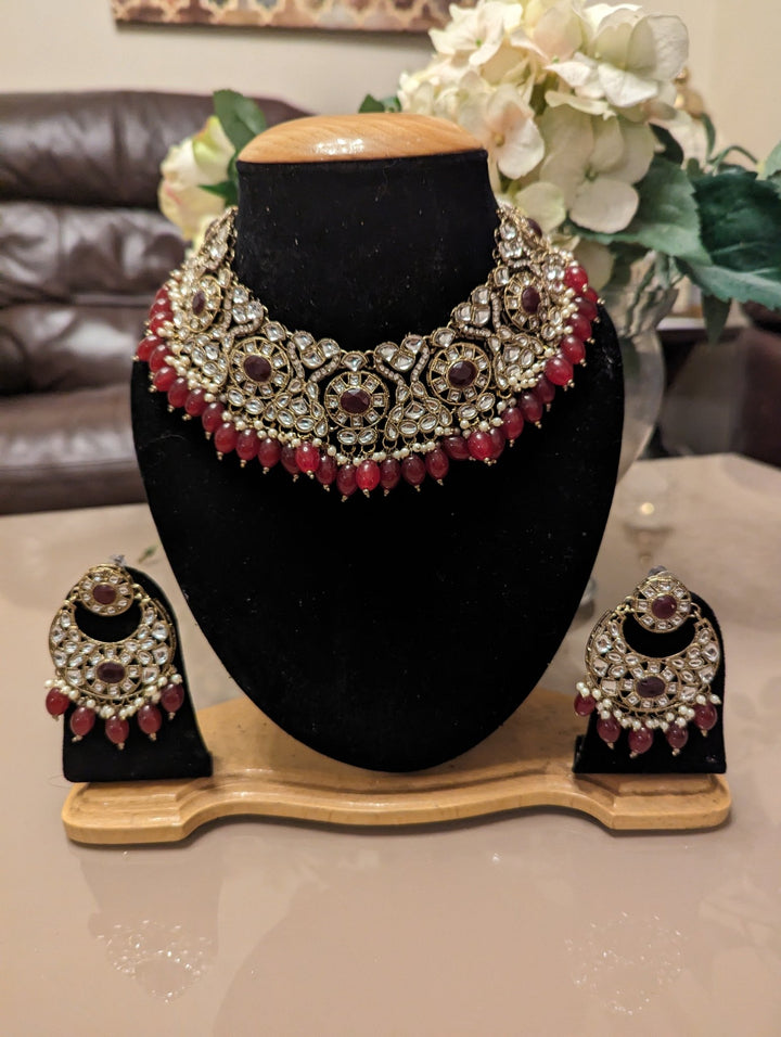 411 red kundan necklace jewellery set for bride - KundanByNadia