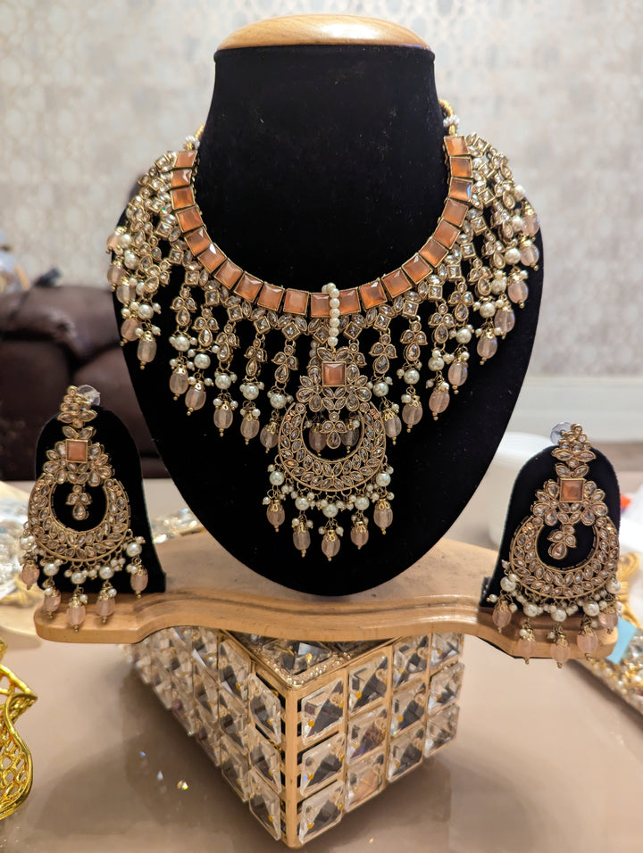 492 peach kundan necklace jewellery set