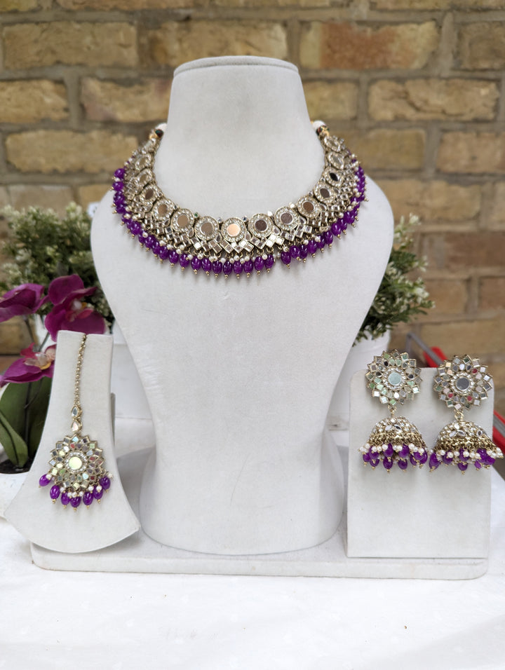 668 purple necklace jewellery set with full mirror work jhumki