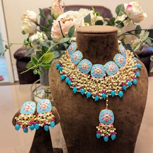 B,Gold & Pinkish Necklace With Tikka & Earrings - KundanByNadia