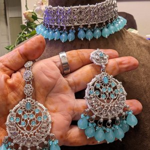 Blue & Silver Necklace With Earrings - KundanByNadia