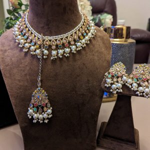 Colorful & White Beads Necklace With Tikka & Earrings - KundanByNadia