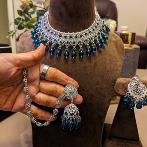 Dark Blue Beads Necklace Set With Tikka & Earrings - KundanByNadia