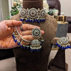 Dark Blue Necklace With Earrings & Tikka - KundanByNadia