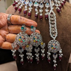 Dark Maroon & Colorful Necklace With Earrings & Tikka - KundanByNadia