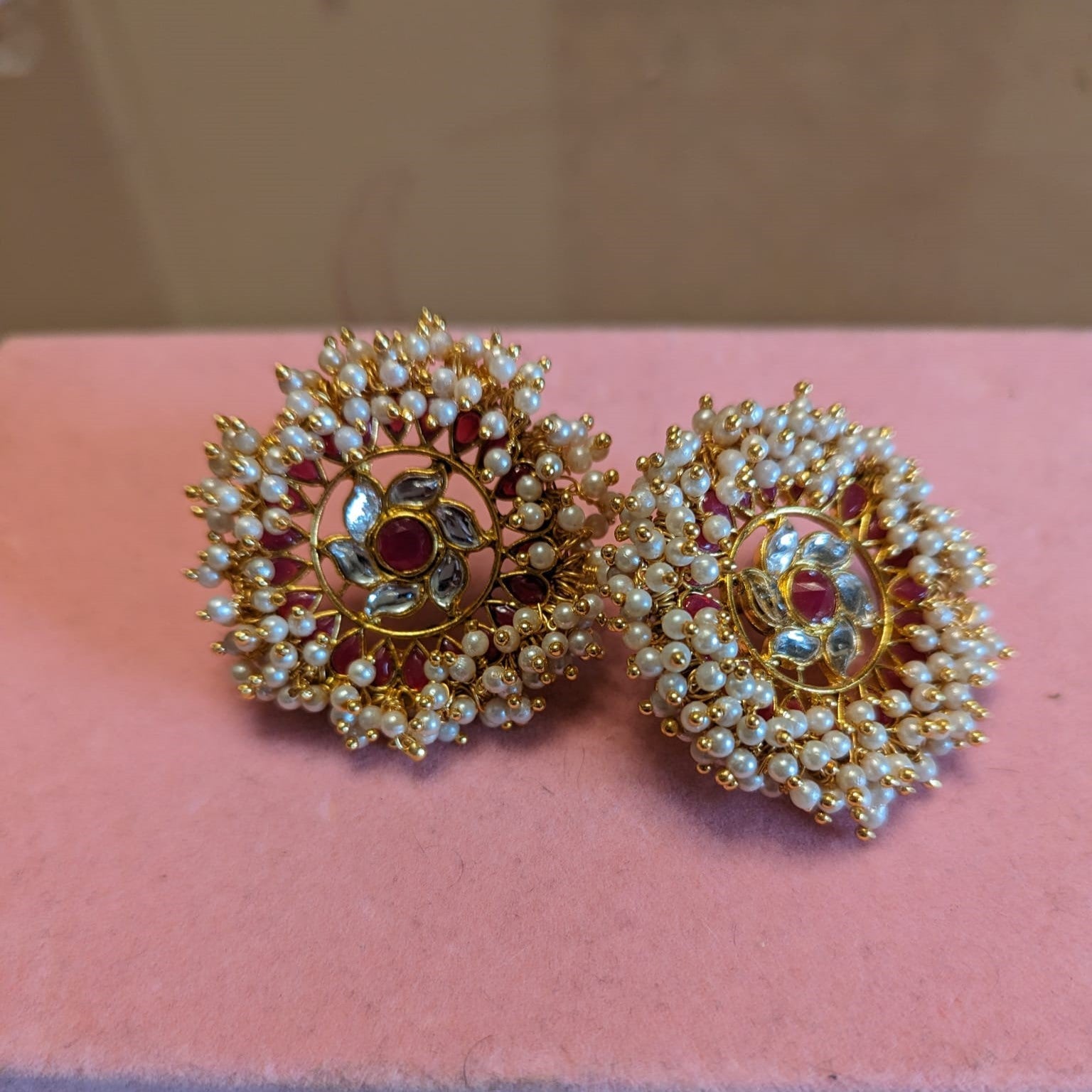 Golden and White Beads & Flower Studs Set - KundanByNadia