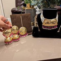 Goldish & Pink Beads Jewellery Set - KundanByNadia