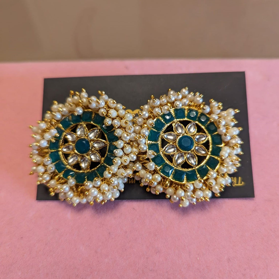 Green, Golden & White Beads Studs - KundanByNadia