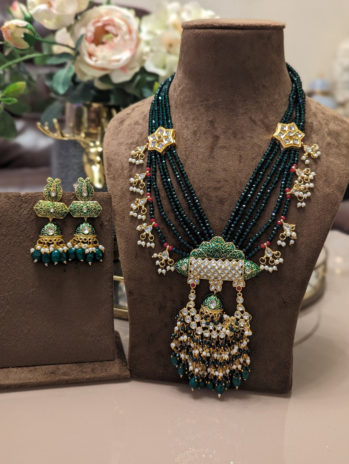 Green long mala necklace jewellery set - KundanByNadia