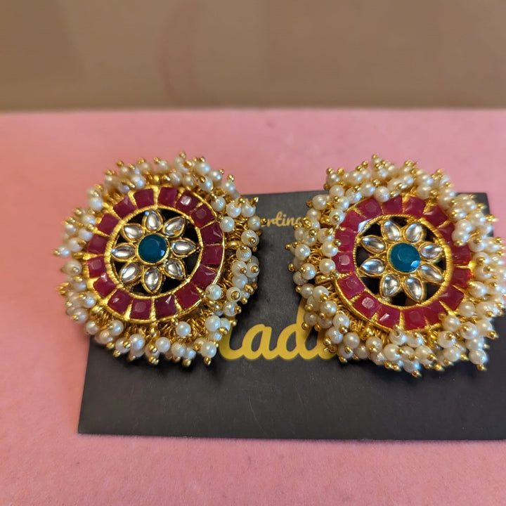 Maroon, Gold & White Beads Studs - KundanByNadia