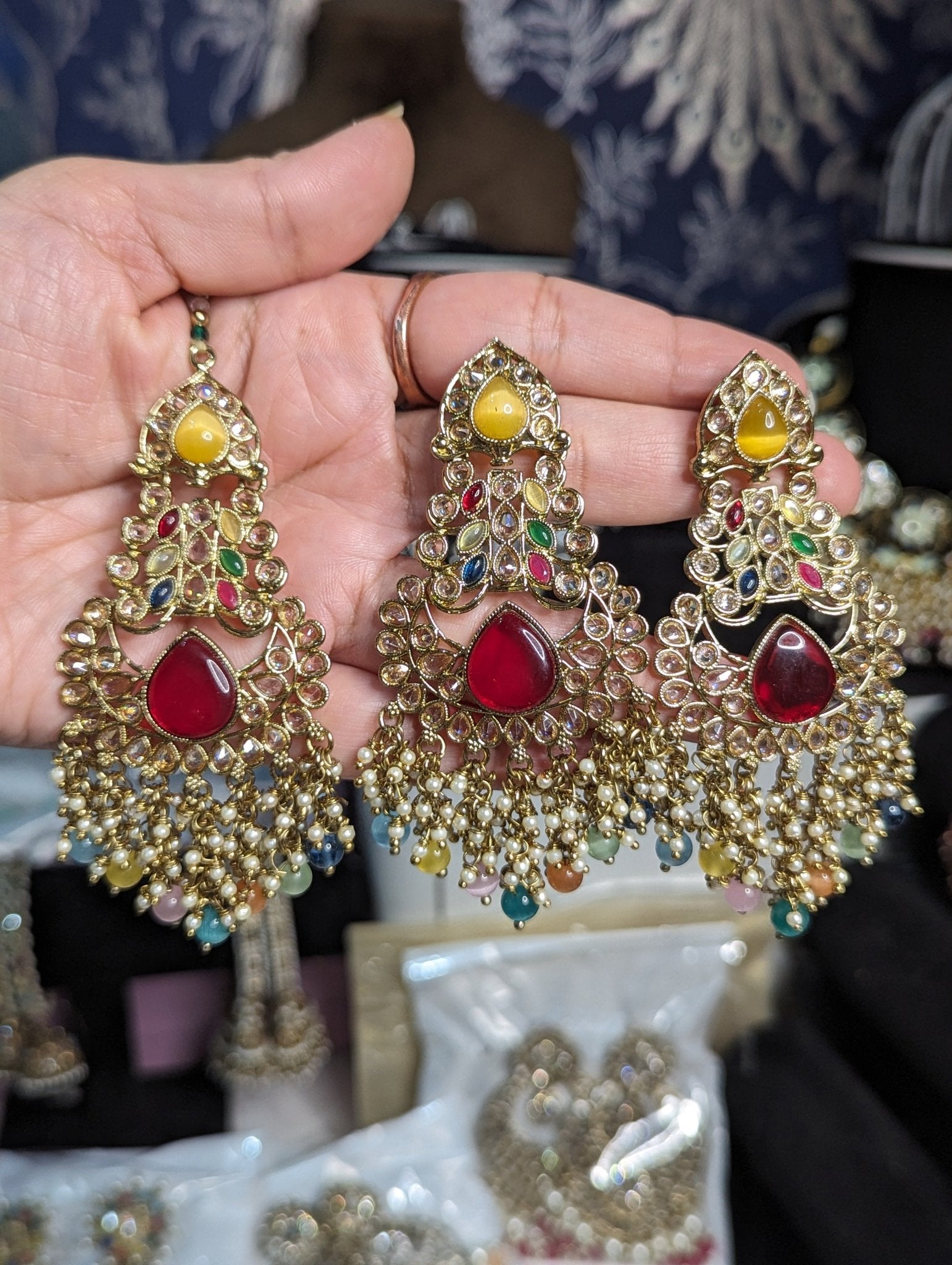 Multicoloured earings jhumki tikka jewellery set - KundanByNadia