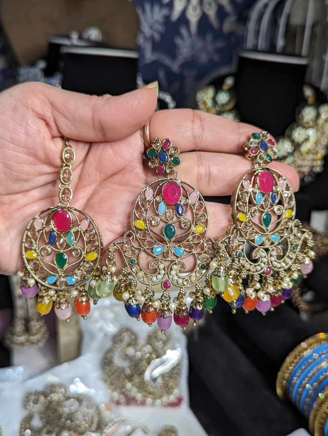 Multicoloured earings jhumki tikka jewellery set - KundanByNadia