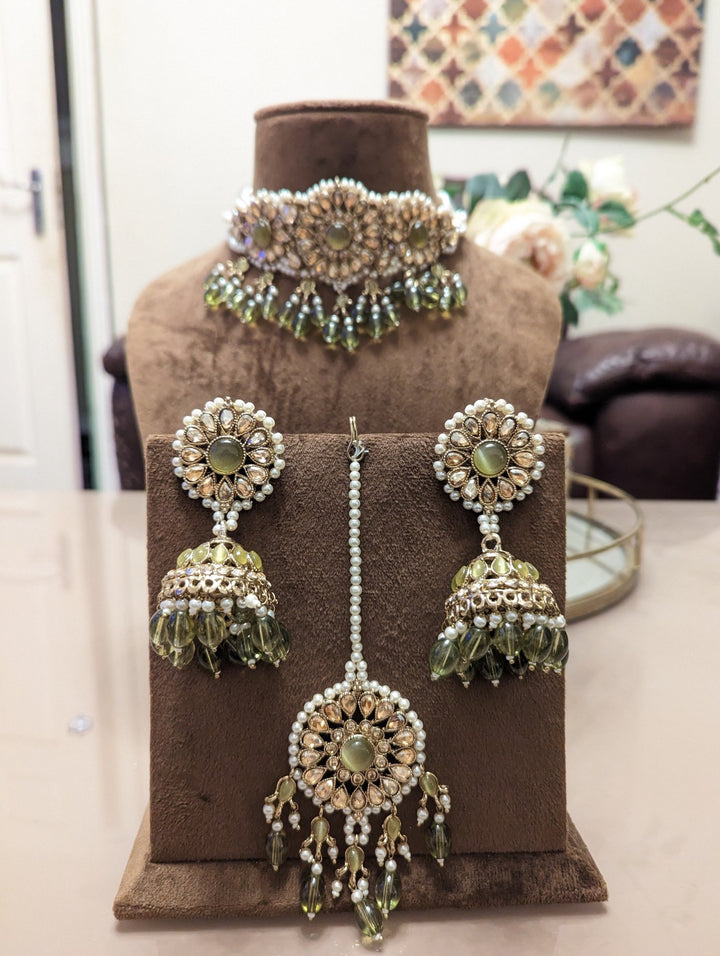 Olive colour bridal necklace jewellery set - KundanByNadia