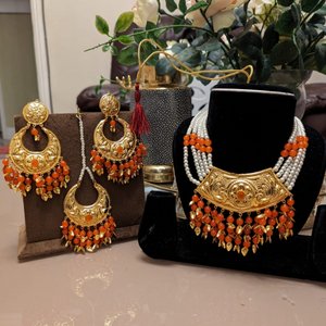 Orange Beads & Golden Jewellery Set - KundanByNadia