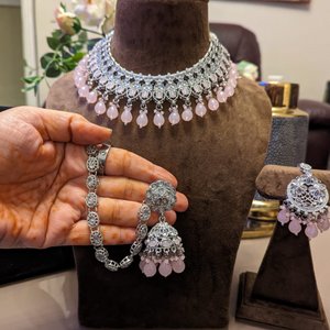 Pink & Silver Necklace With Earrings & Tikka - KundanByNadia