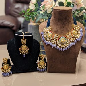 Purple & Golden Set With Tikka & Earrings - KundanByNadia