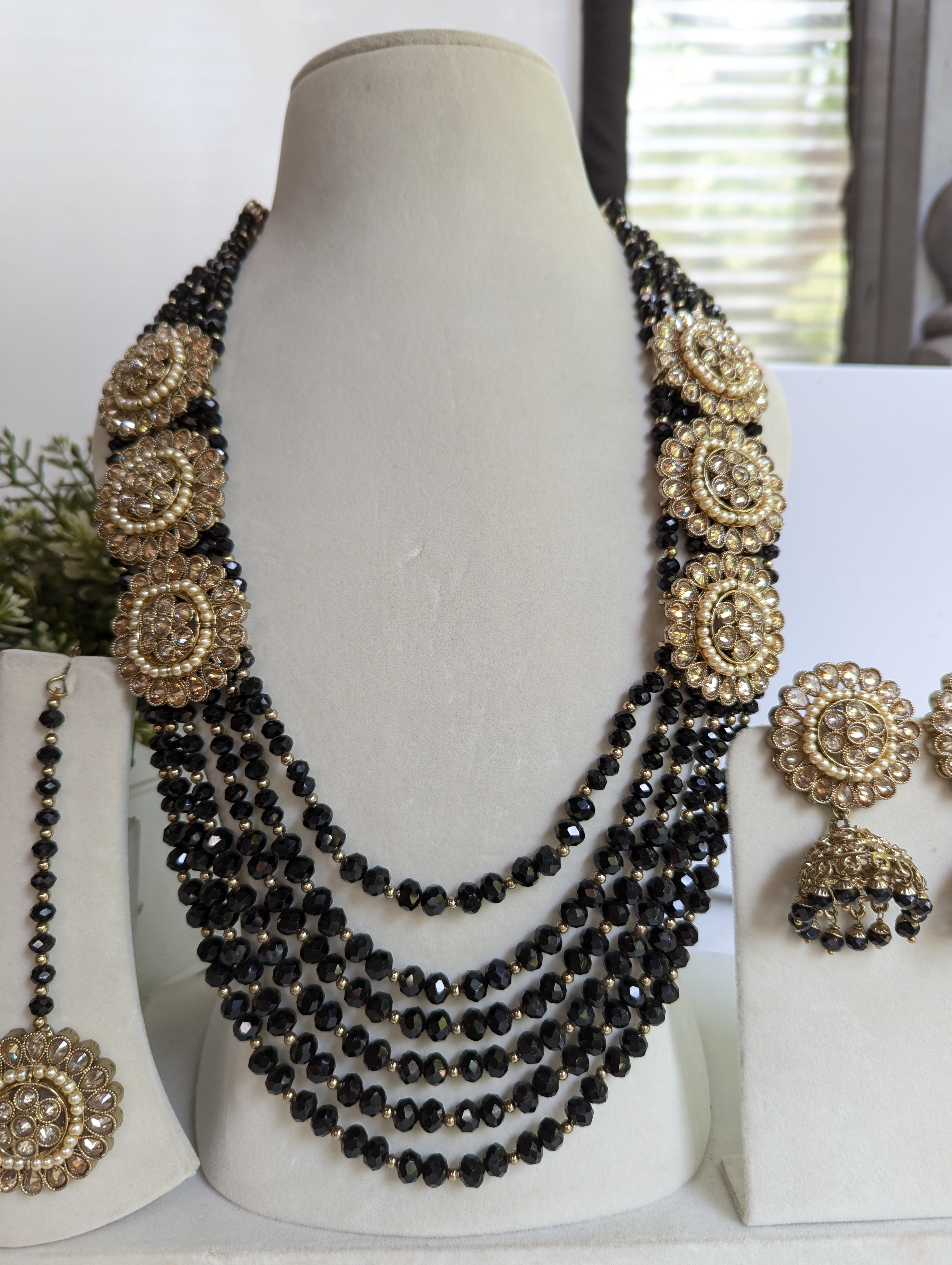 Black long mala stunning beads necklace jewellery set