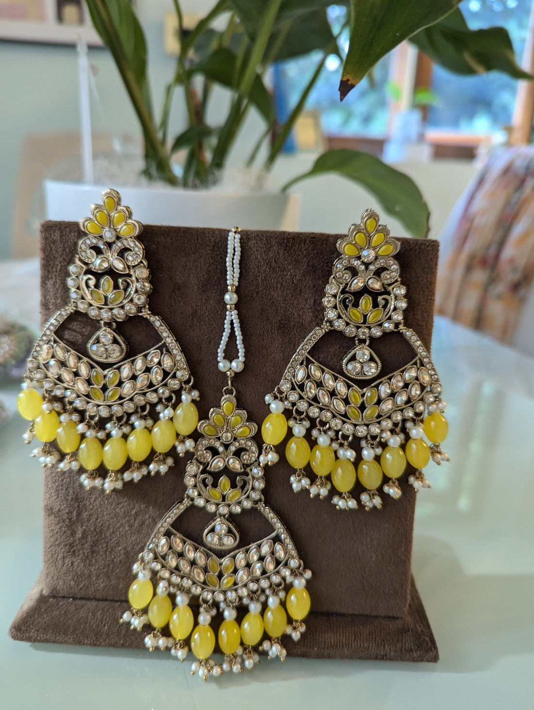 Yellow oversized earrings tikka jewellery set