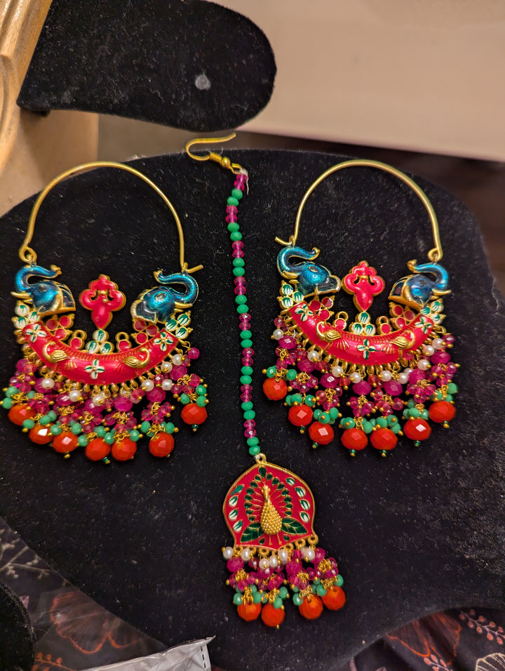 Meena kundan big earrings baliyan jewellery set