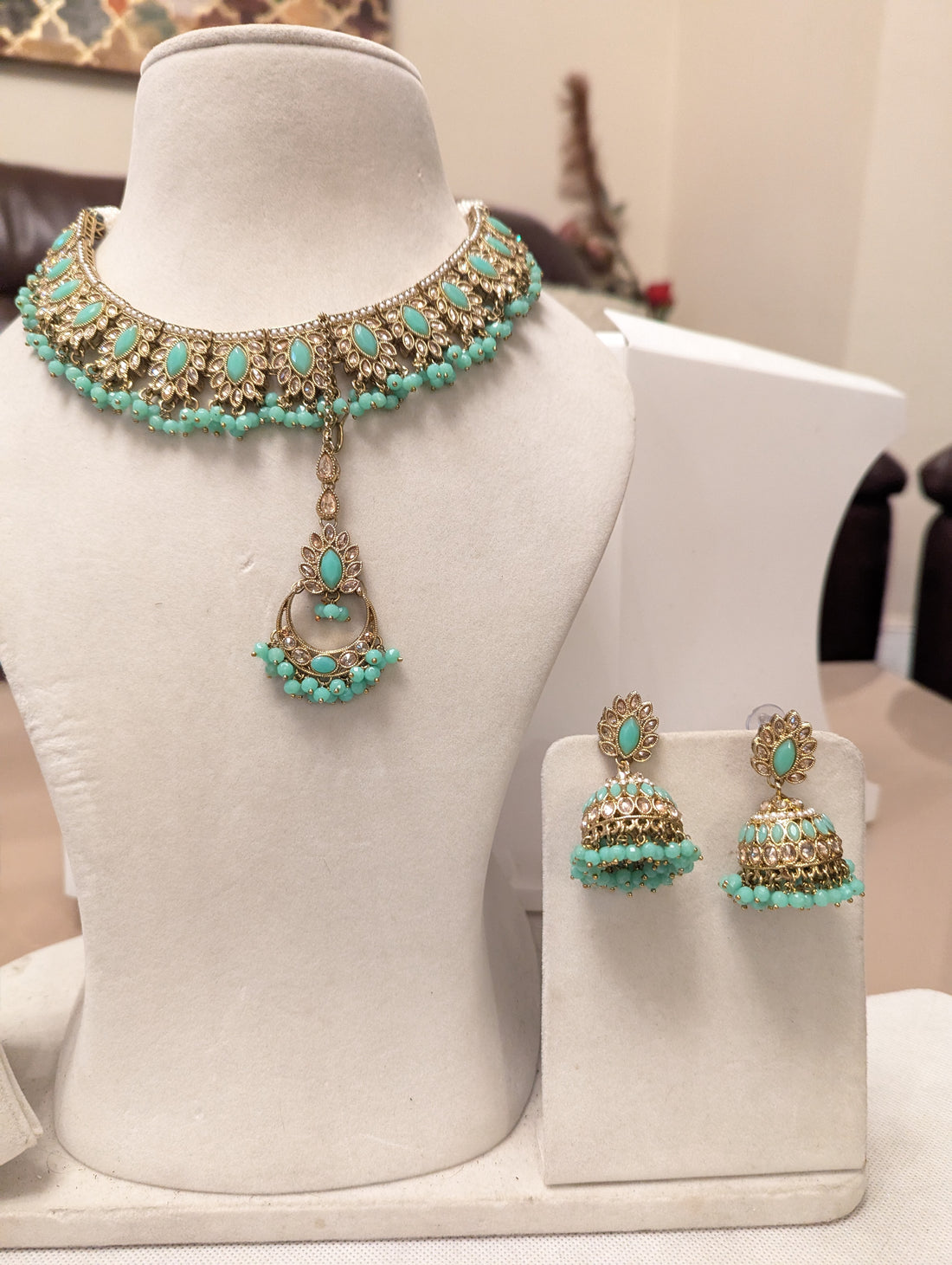 64 mint green necklace jhumki tikka jewellery set