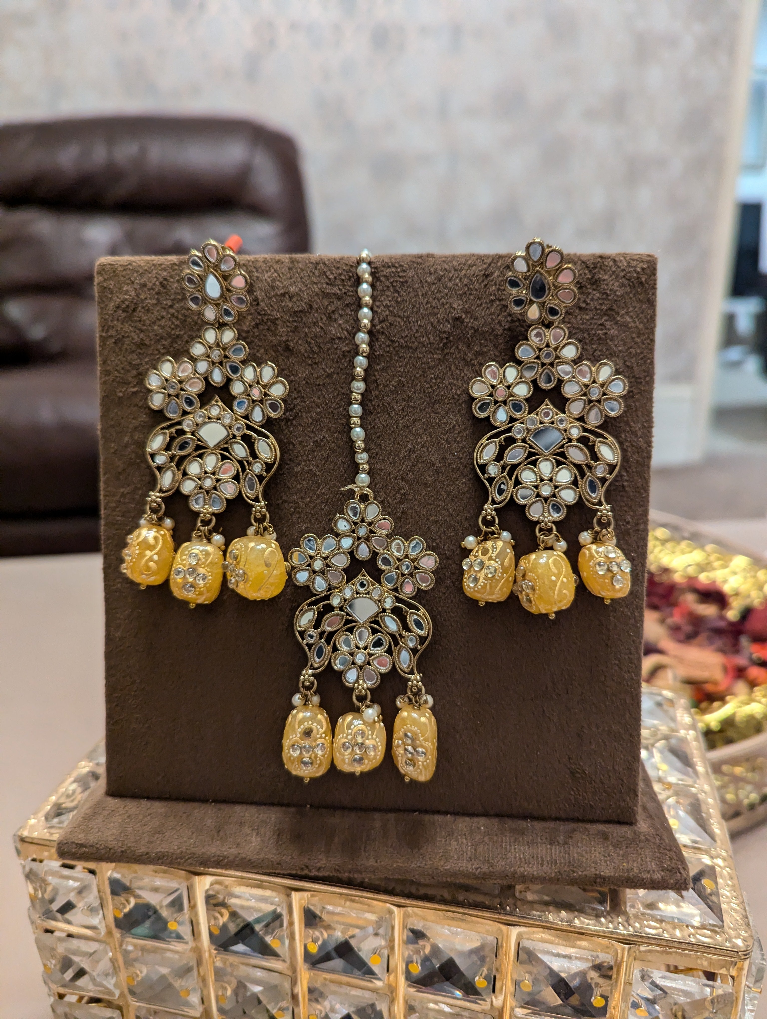 Yellow oversized earrings tikka jewellery set