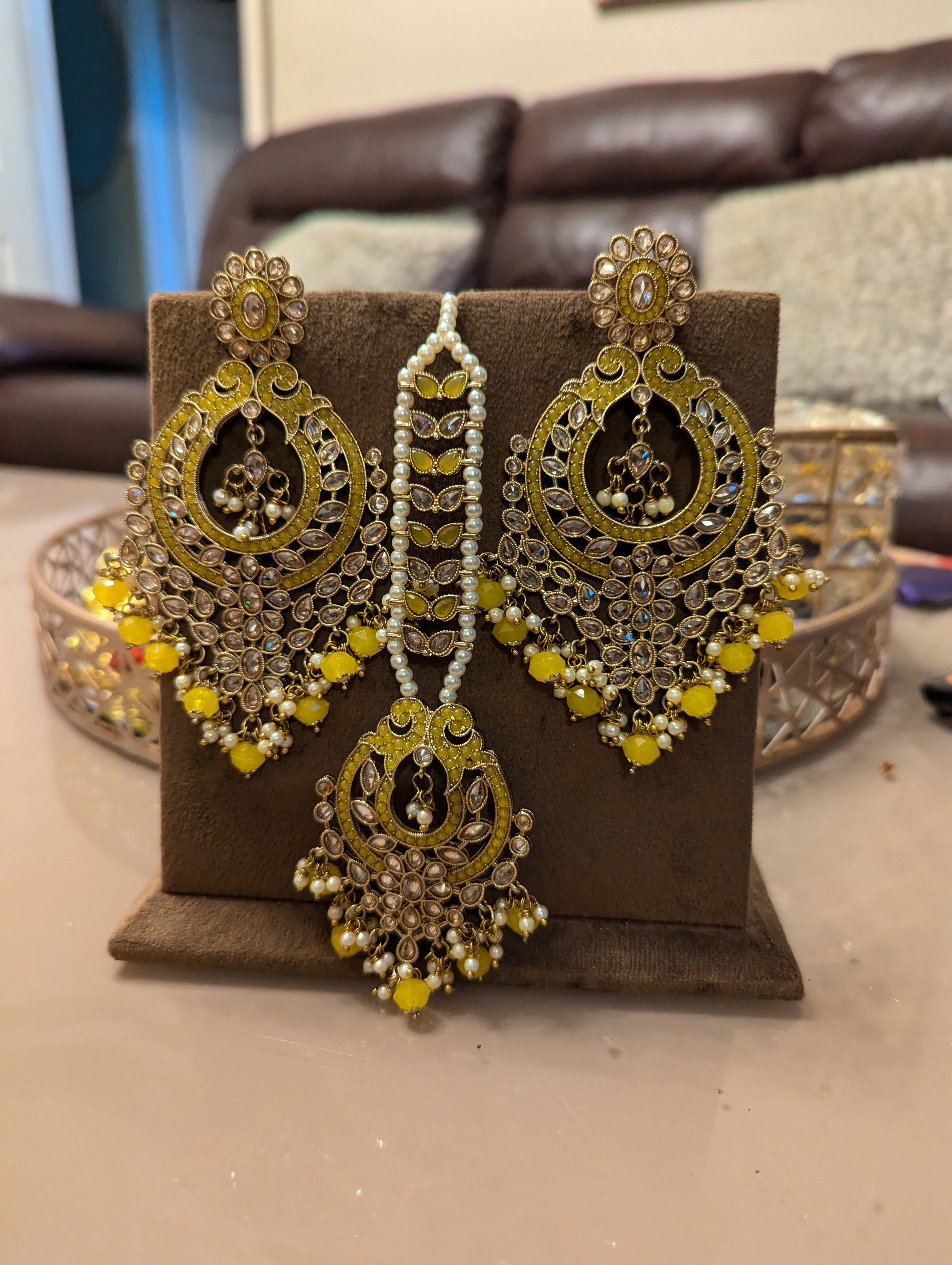 Yellow oversized earrings tikka jewellery set