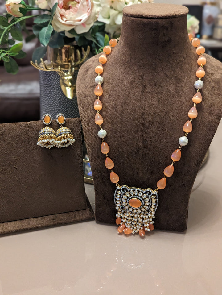 Peach long necklace jewellery set