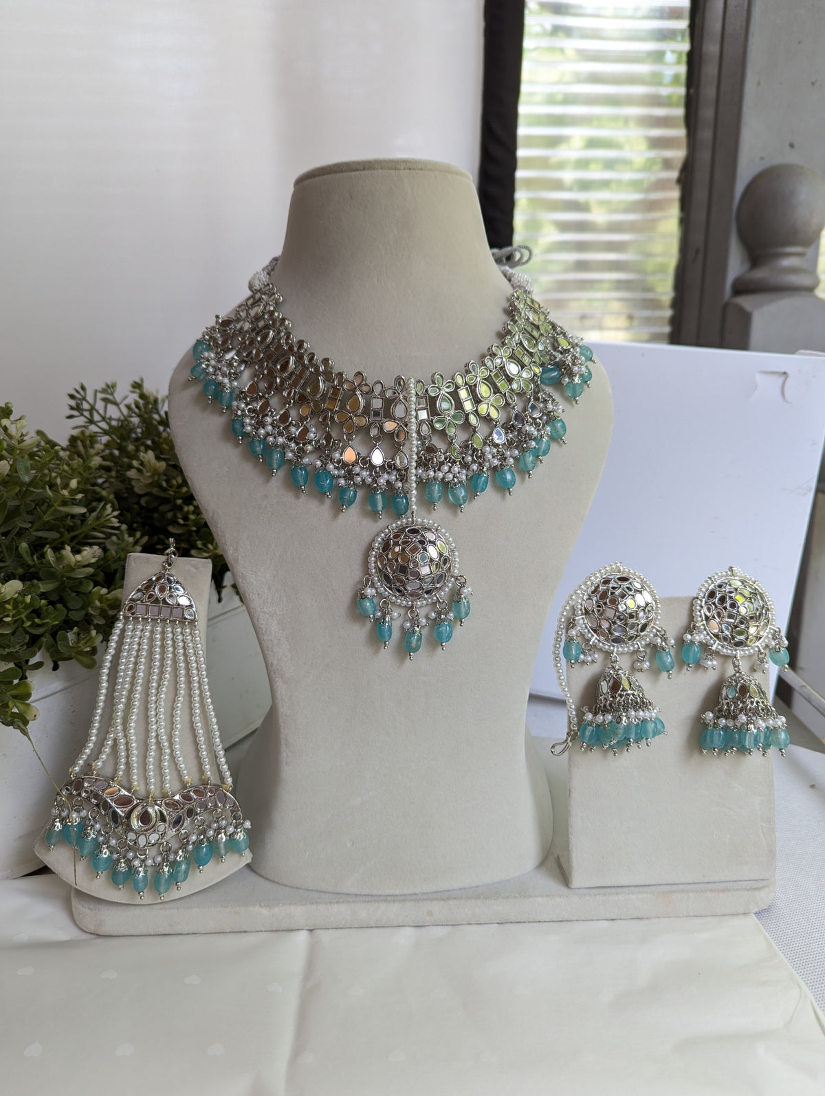 Sky blue bridal necklace jewellery set with jhoomar tikka