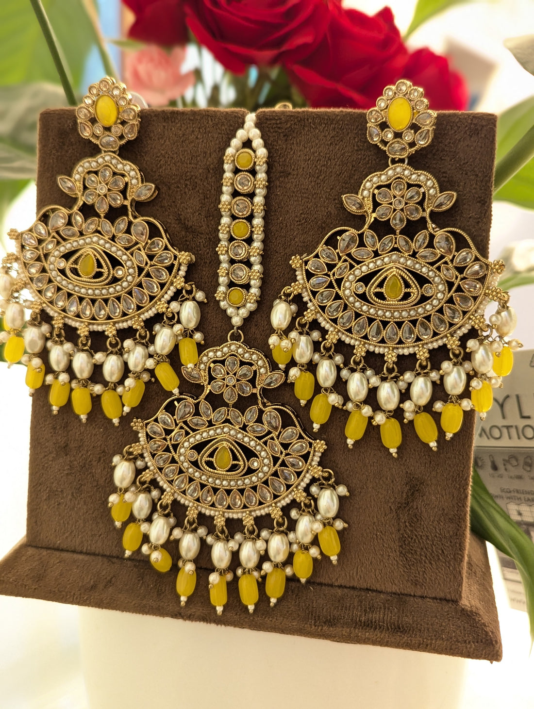 Yellow oversized earrings tikka jewellery set