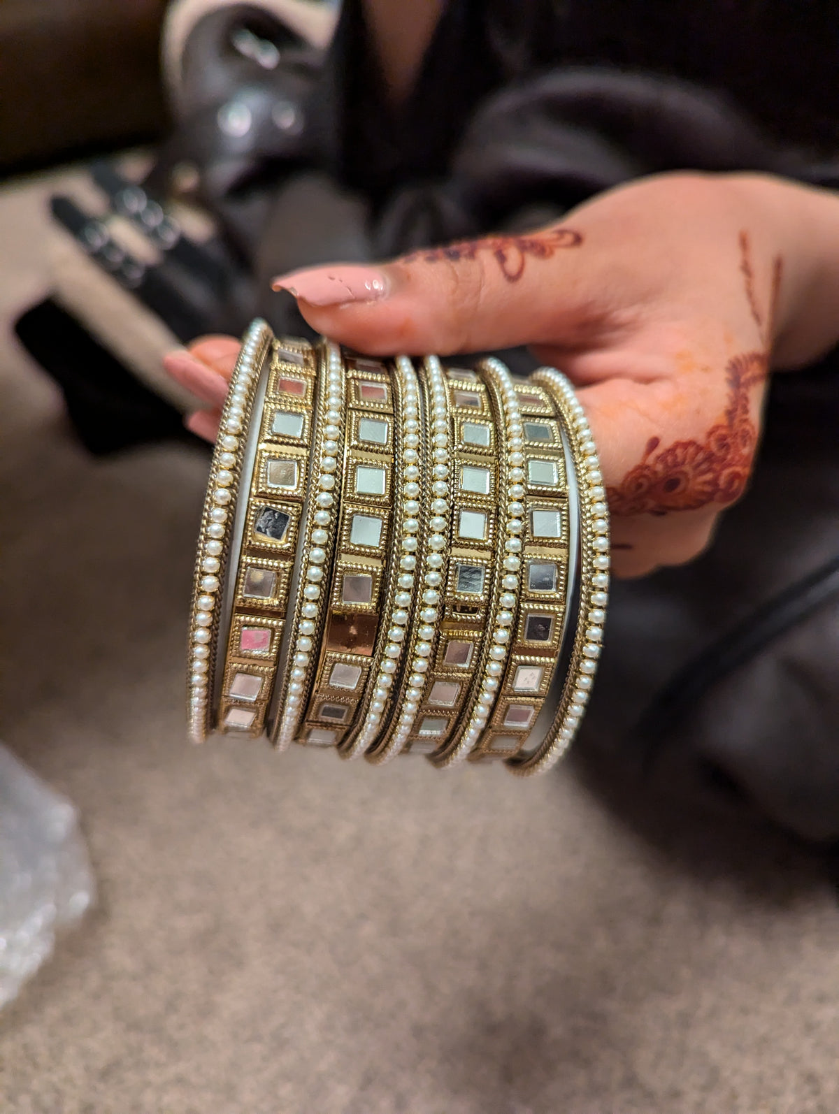 Stunning mirror bangles with white pearls