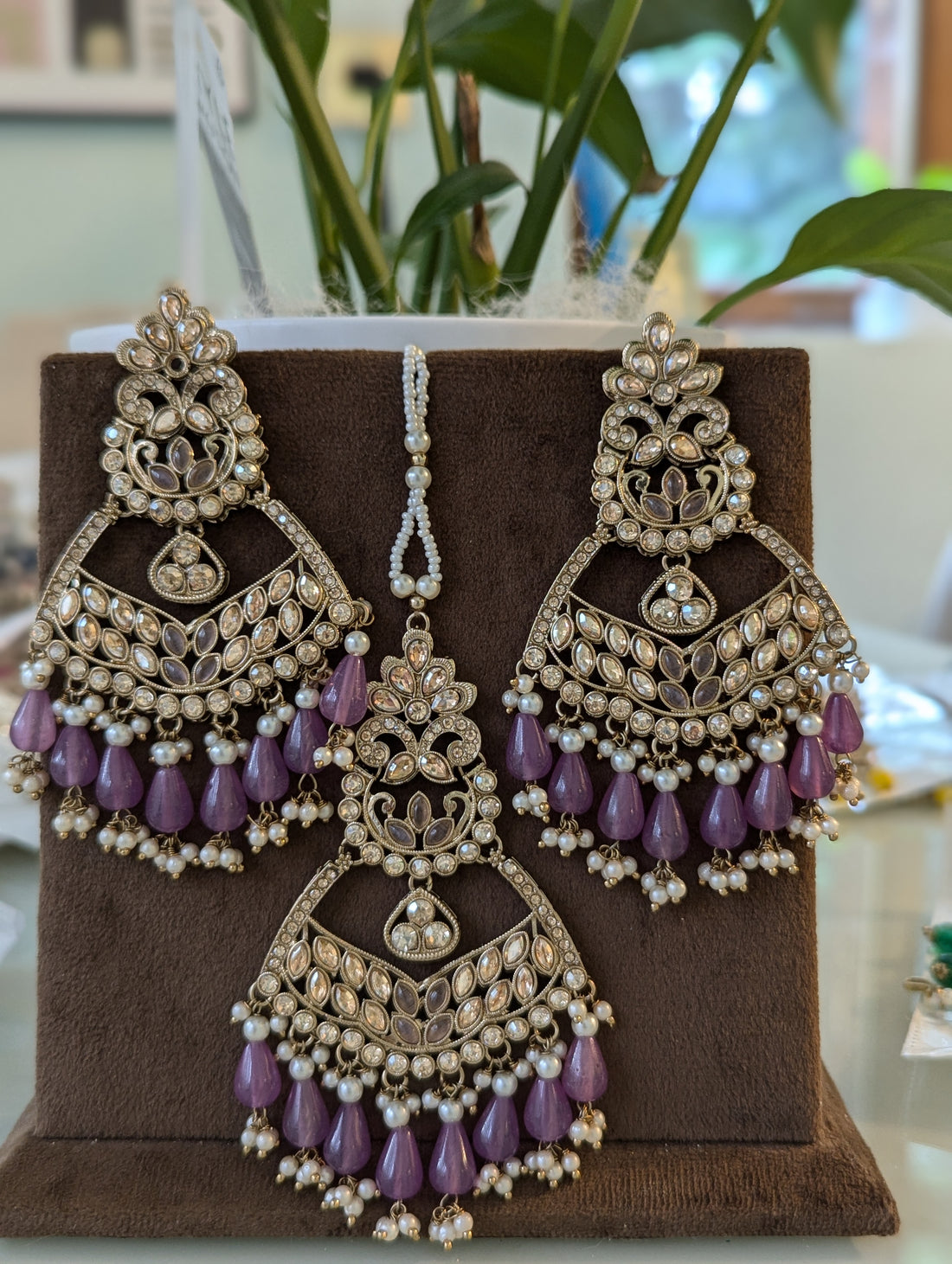 Purple lialac colour earrings tikka jewellery set