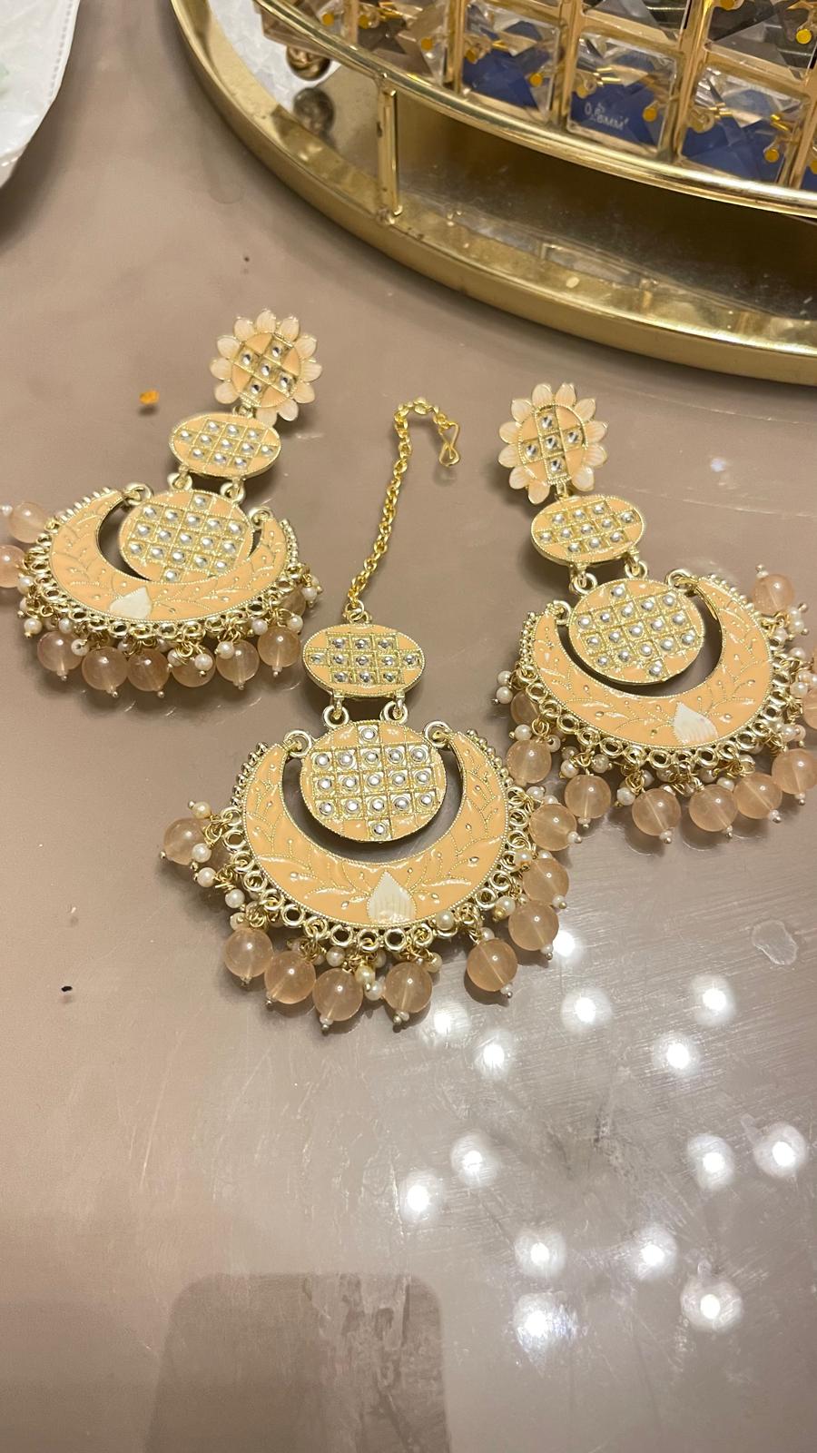 Peach earrings kundan mirror set