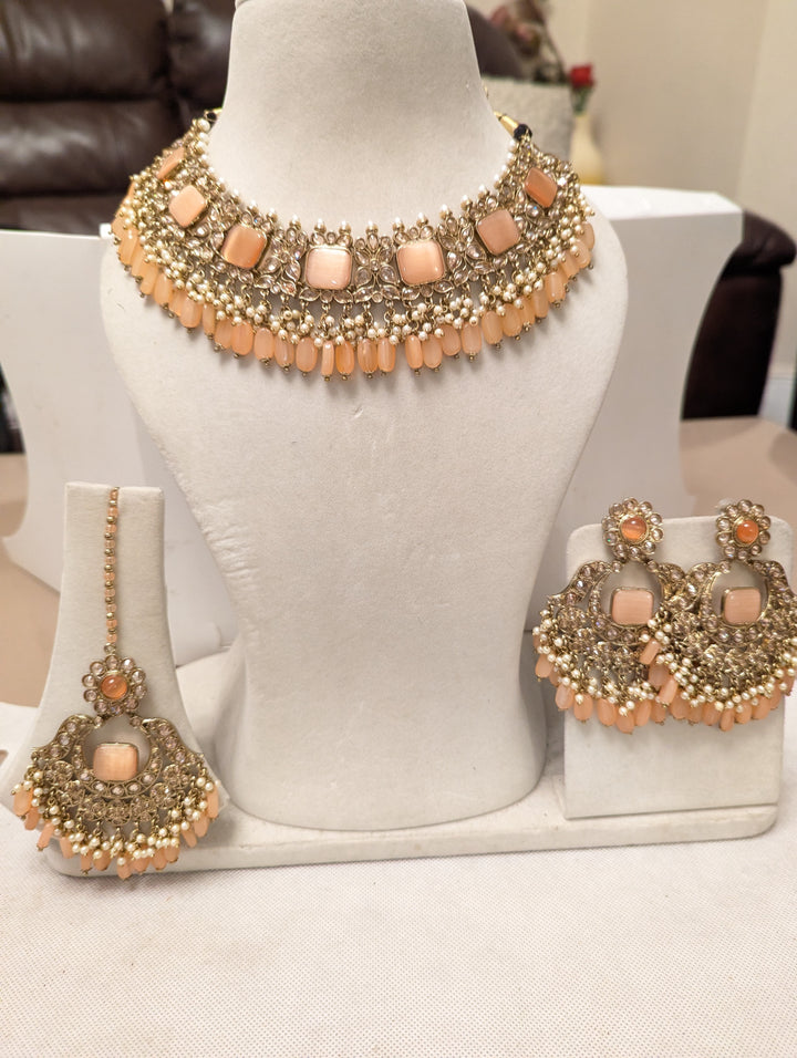 66 peach colour necklace jewellery set for bridal