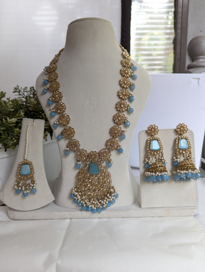 Sky blue colour long stunning mala necklace jewellery set