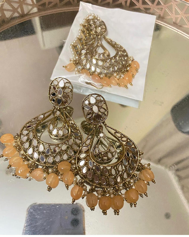 Peach earrings kundan mirror set