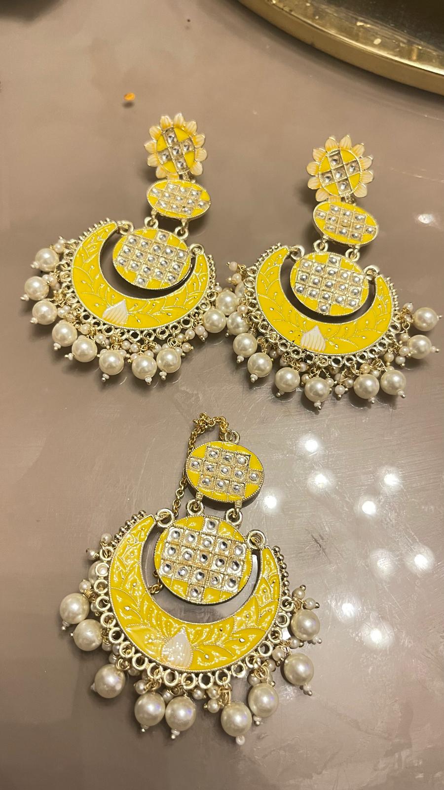 Yellow oversized earrings tikka jewellery set