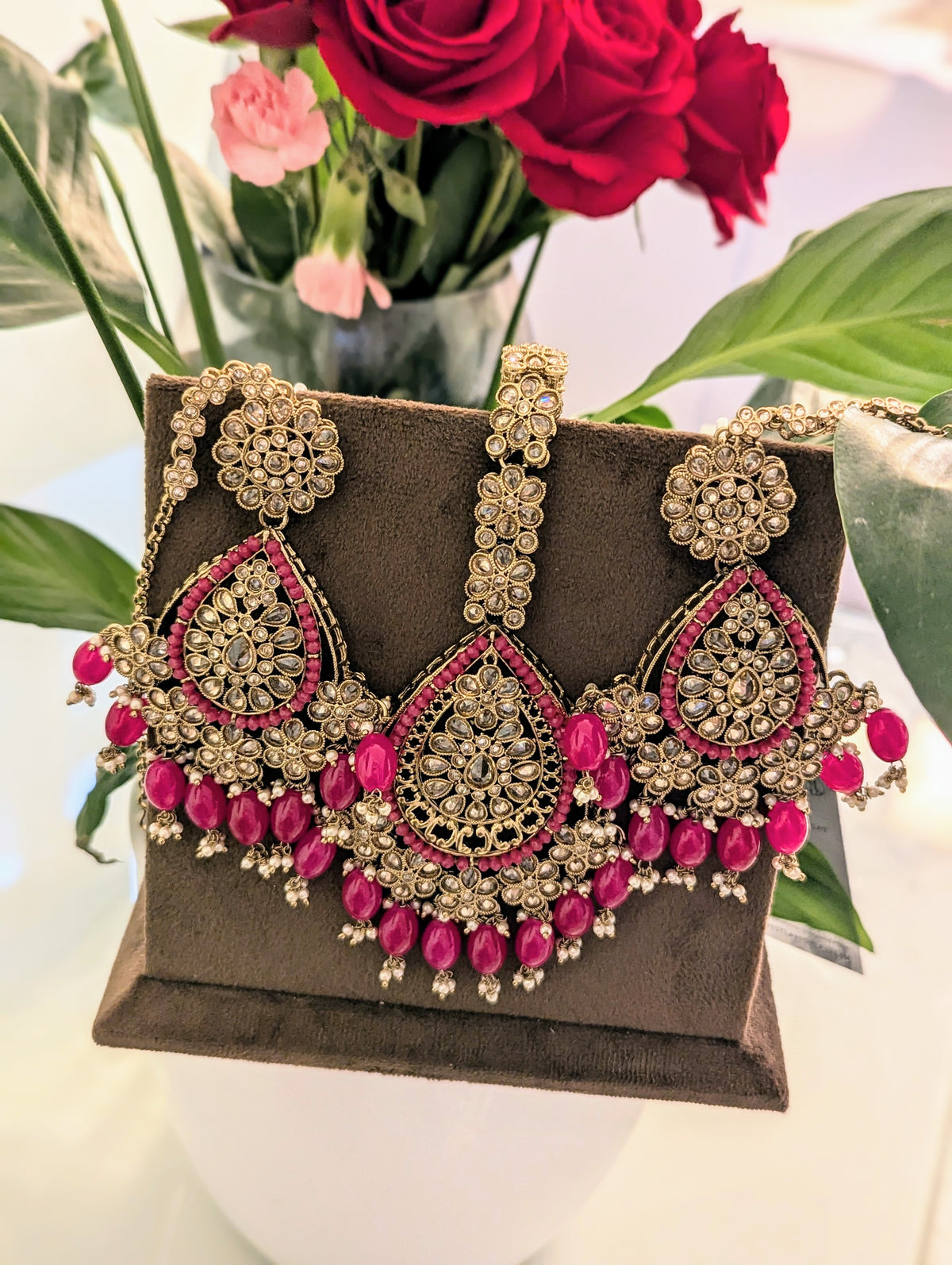 Hot pink earrings tikka jewellery set