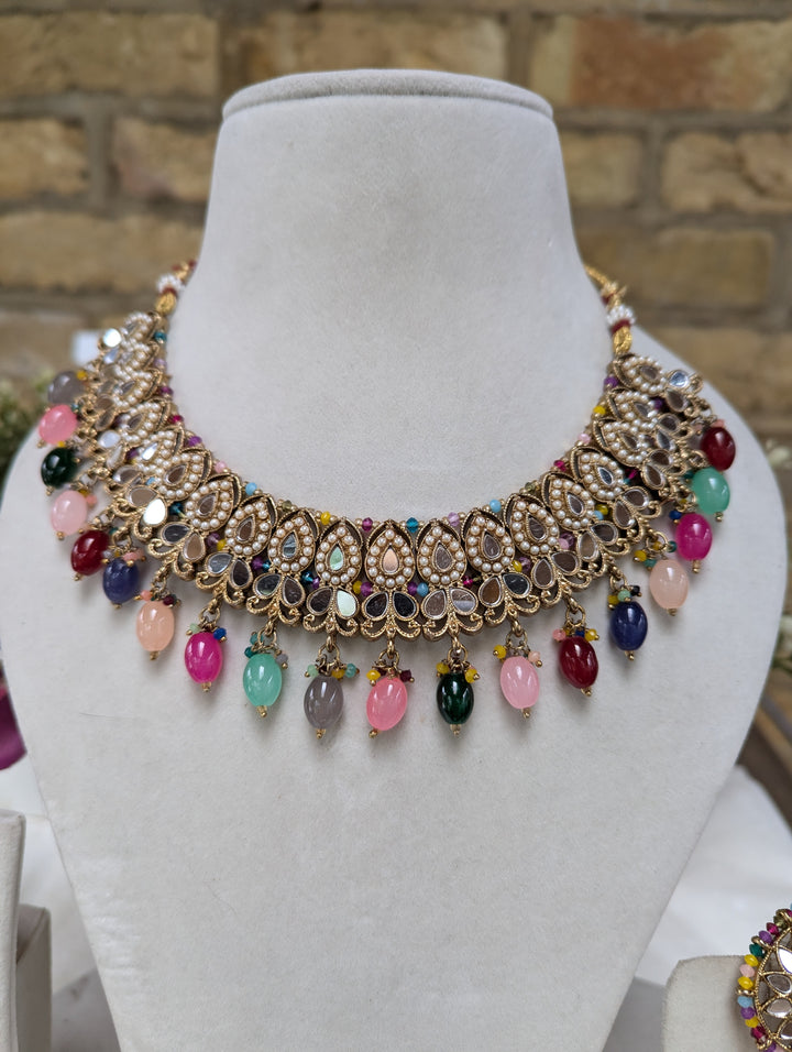 660 multicoloured necklace set with jhumki tikka