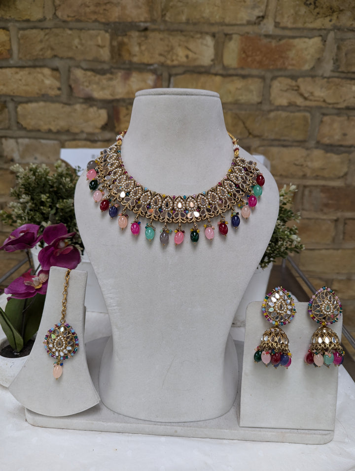 660 multicoloured necklace set with jhumki tikka