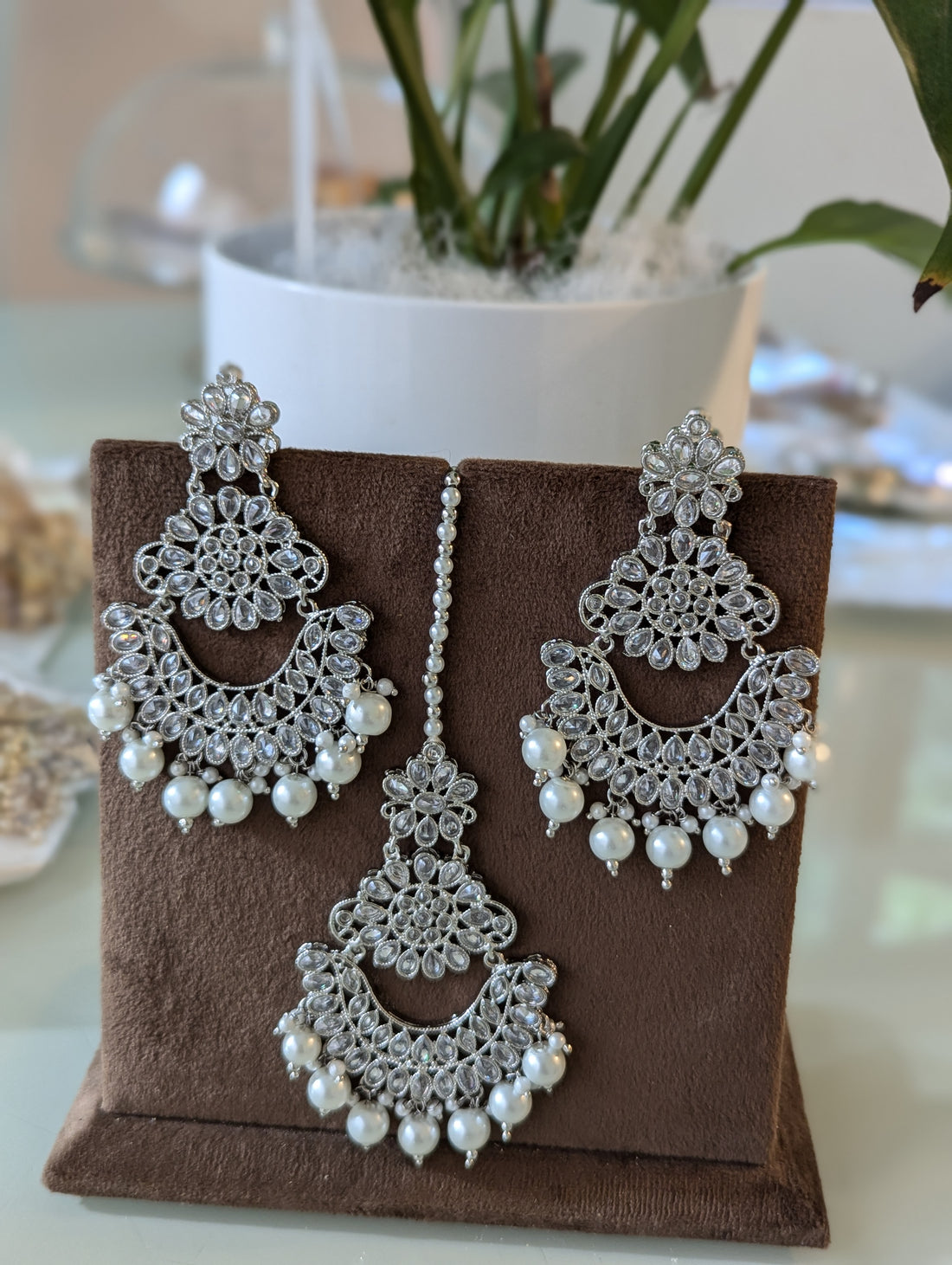 White earrings oversized tikka jewellery set