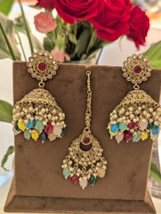 Multicoloured earrings tikka jewellery set