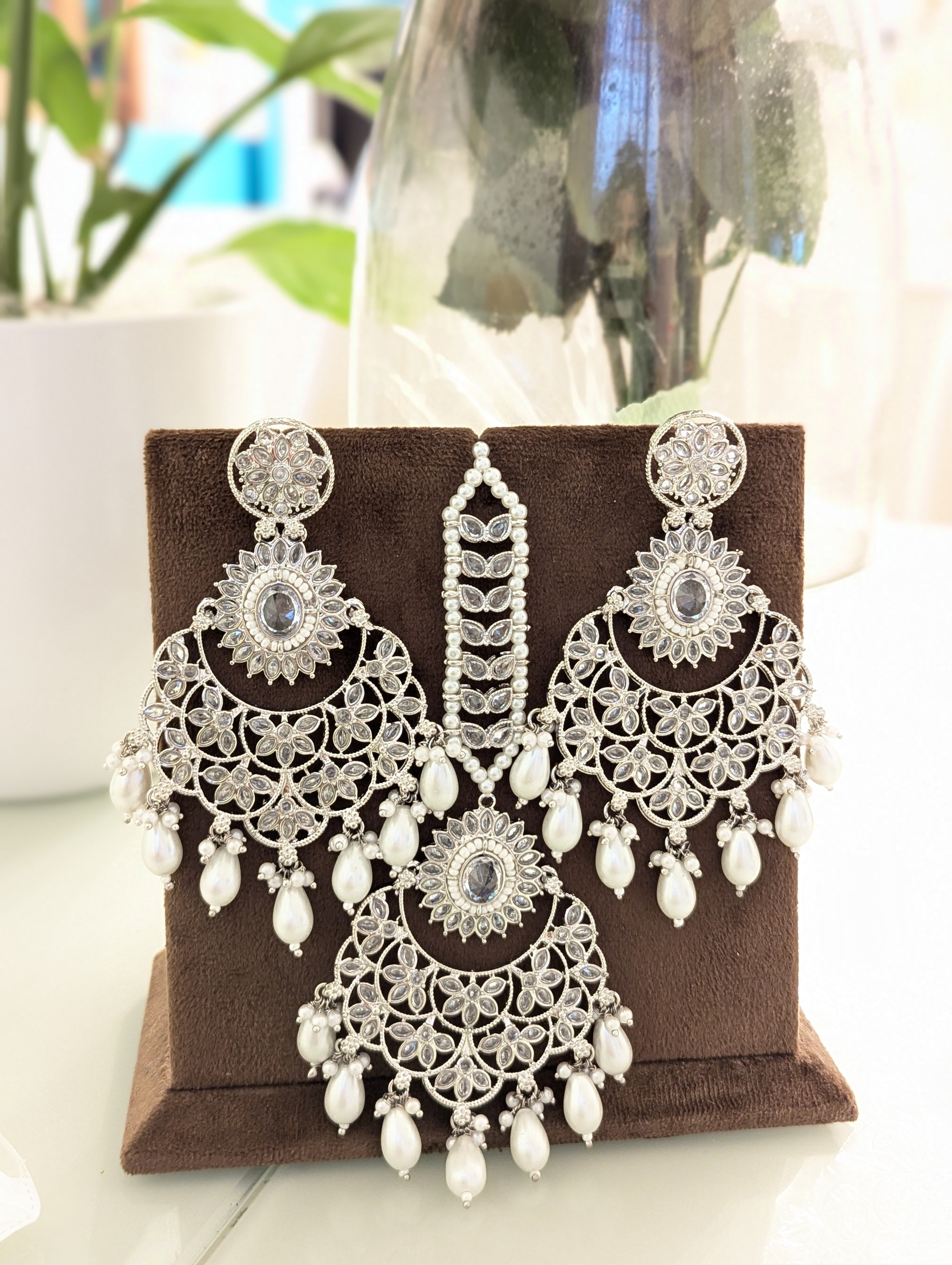 White earrings tikka jewellery set