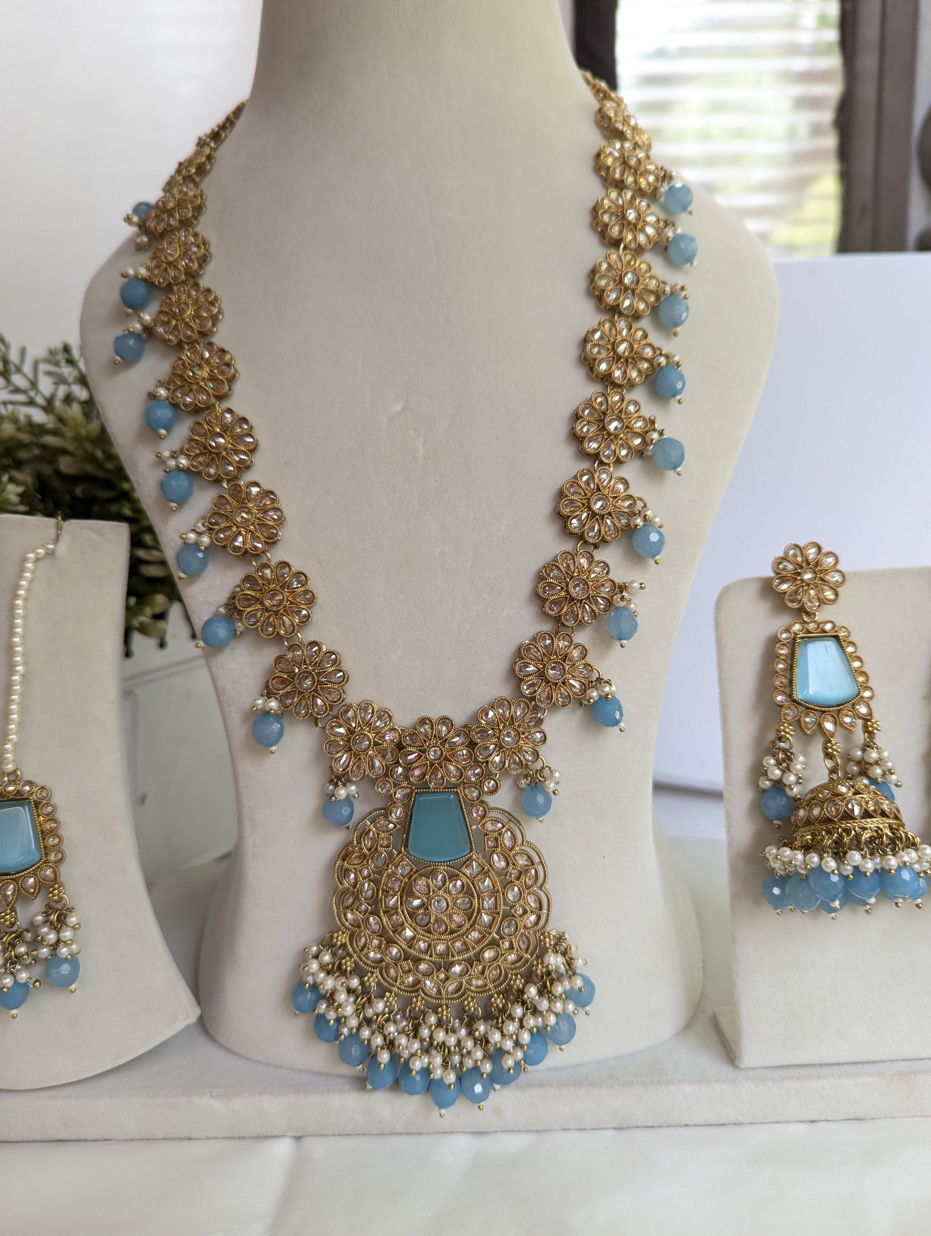 Sky blue colour long stunning mala necklace jewellery set