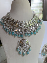 Sky blue bridal necklace jewellery set with jhoomar tikka