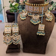 Square Shaped Gold & Blue Necklace With Earrings & Tikka - KundanByNadia