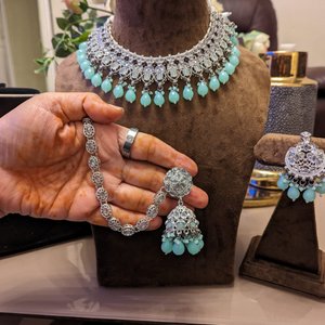 V2 Blue & Silver Necklace With Earrings & Tikka - KundanByNadia